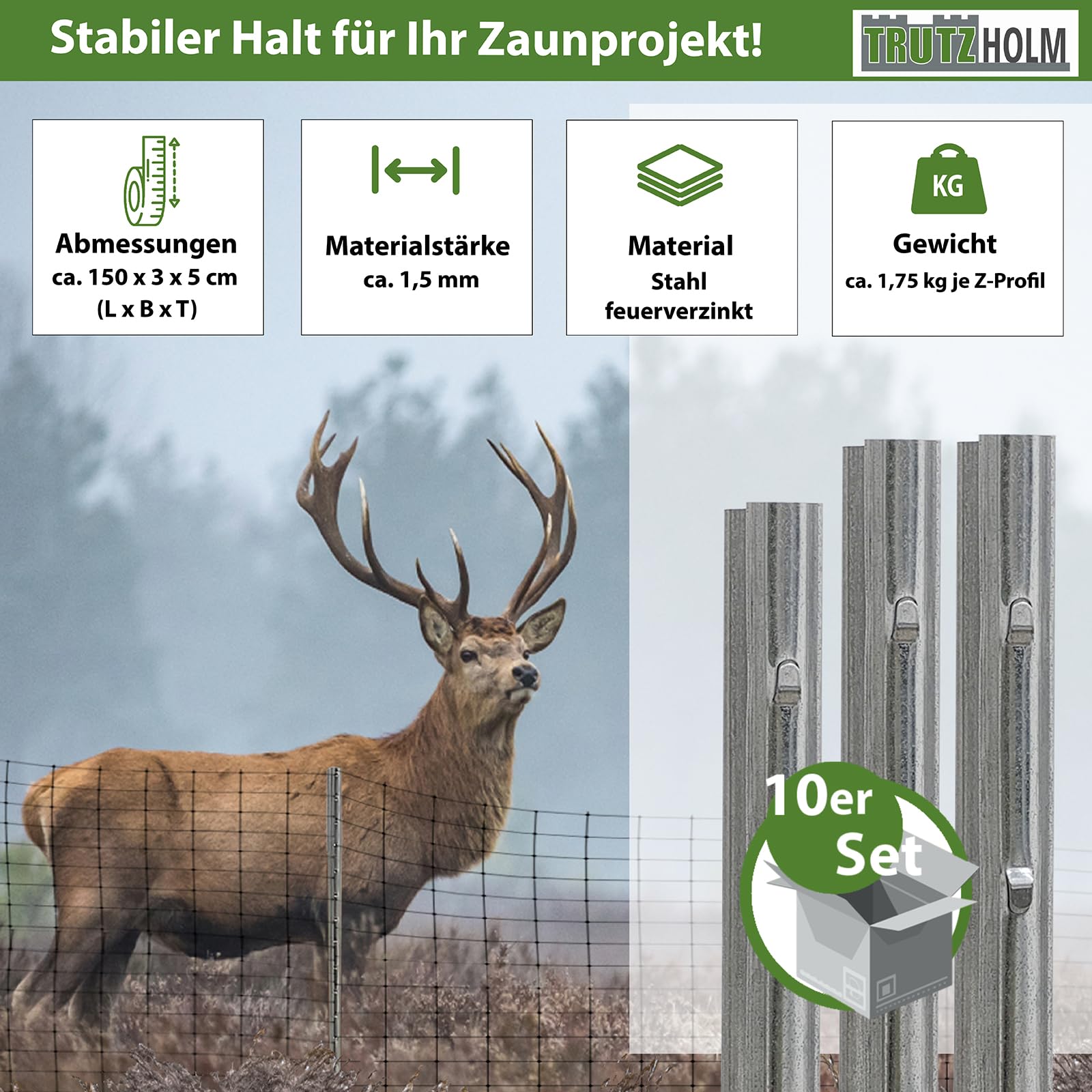 TRUTZHOLM 10x Z-Profil Zaunpfosten 150 cm feuerverzinkt Zaunpfähle 1,5 mm Stärke gestanzte Haken Forstprofil
