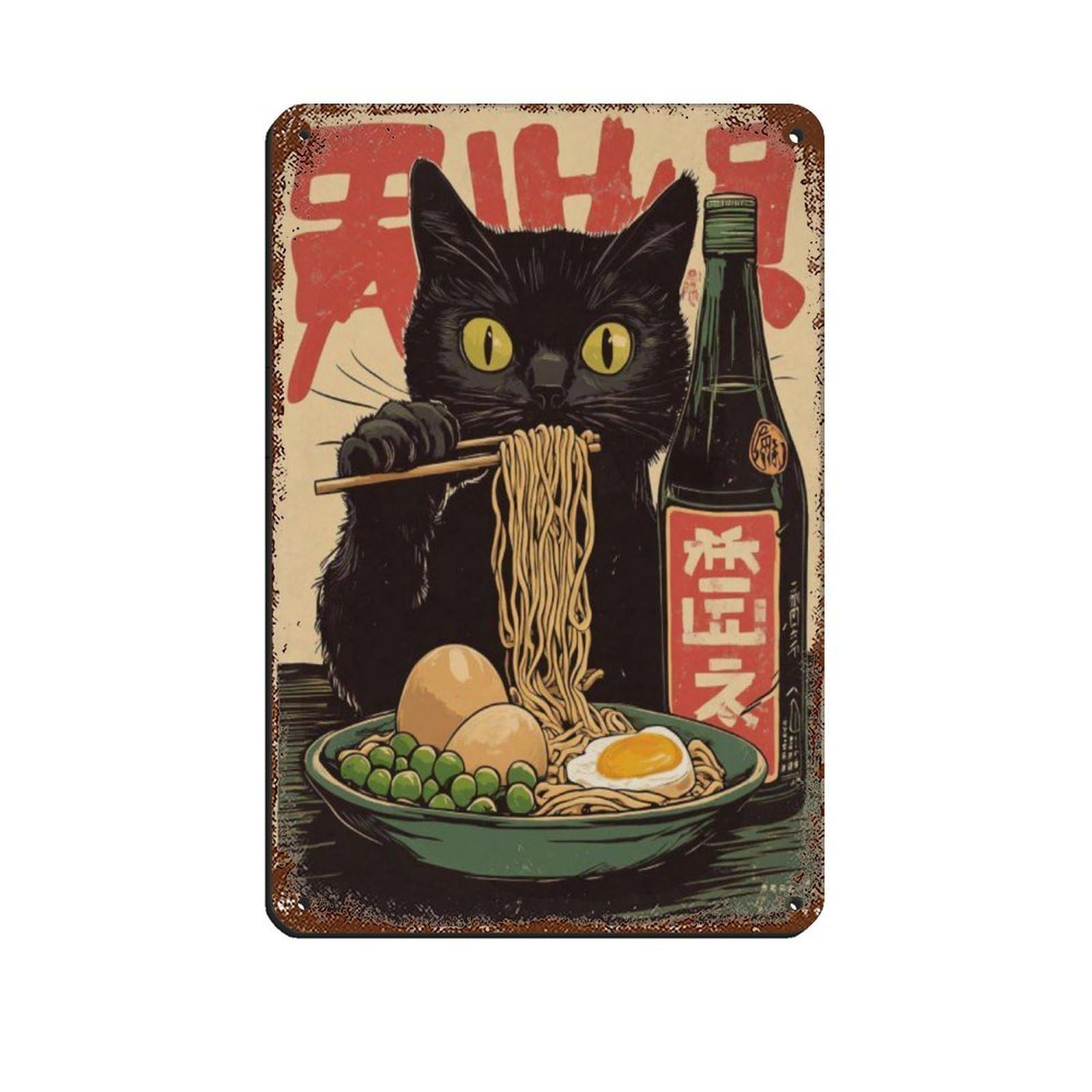 Lxwnze 20L X 30W Cm Japanese Ramen Cat Art Poster, Tin Sign Vintage Metal Pub Club Cafe Bar Home Wall Art Decoration Poster Retro 8X12inch(20X30cm)