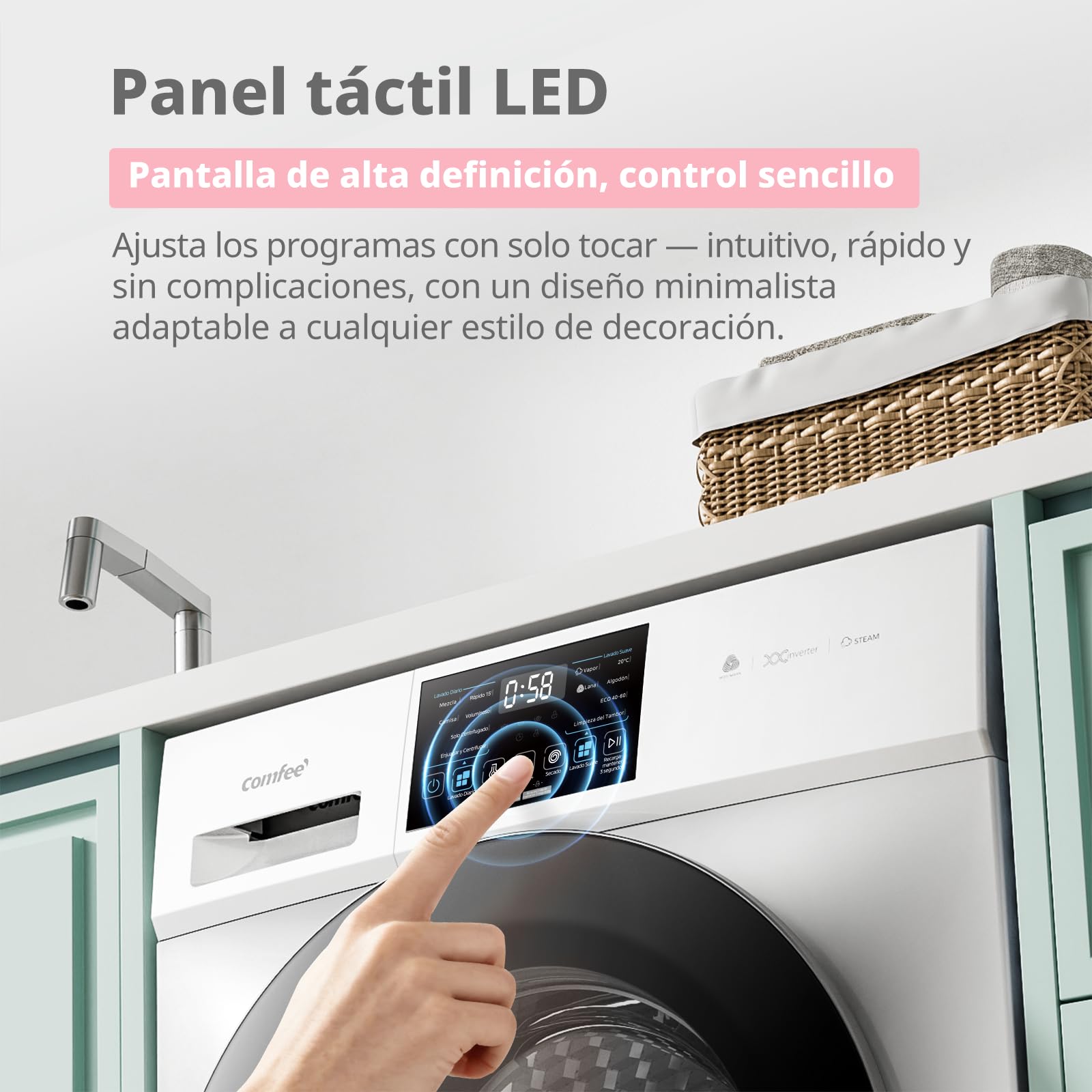 COMFEE' CFP03EW80W-HL Lavadora 8 kg de carga, Clase A -10%, Cuidado con vapor, Motor BLDC, Aprobada por Woolmark, Panel táctil, blanco - 5