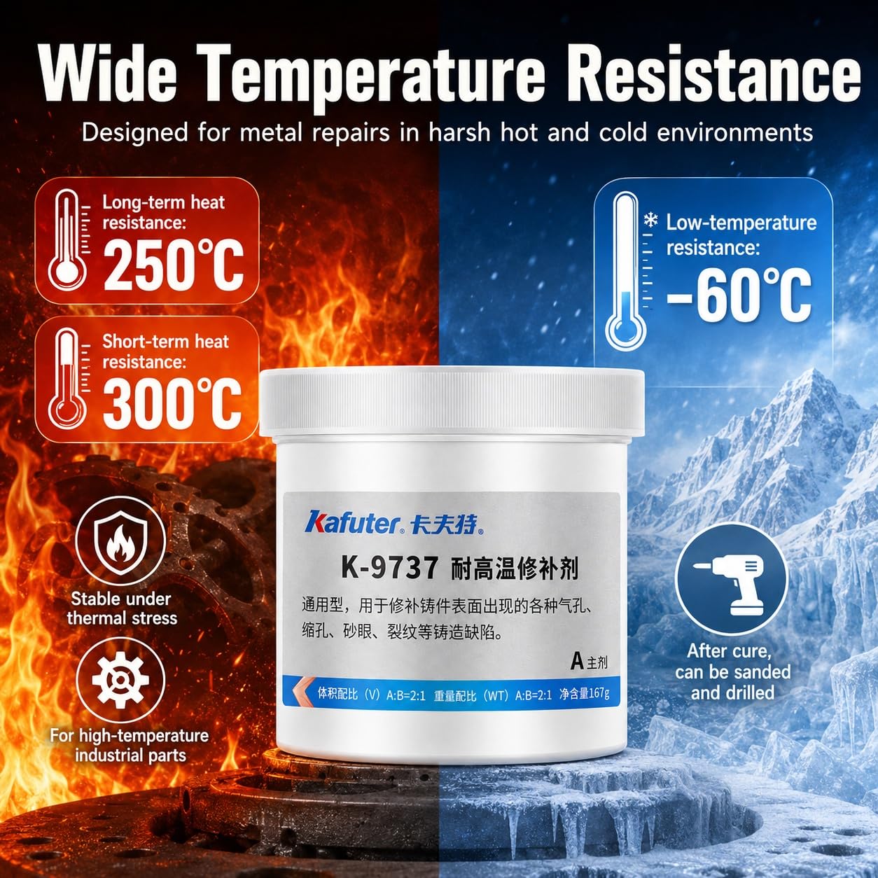 VIDOO 250g Metallkleber Hochtemperaturbeständig Zwei-Komponenten-Epoxidverbindung für Motorblock-Rissversiegelung Extreme 300℃ Hitzebeständig Flüssiglot Metallkleber
