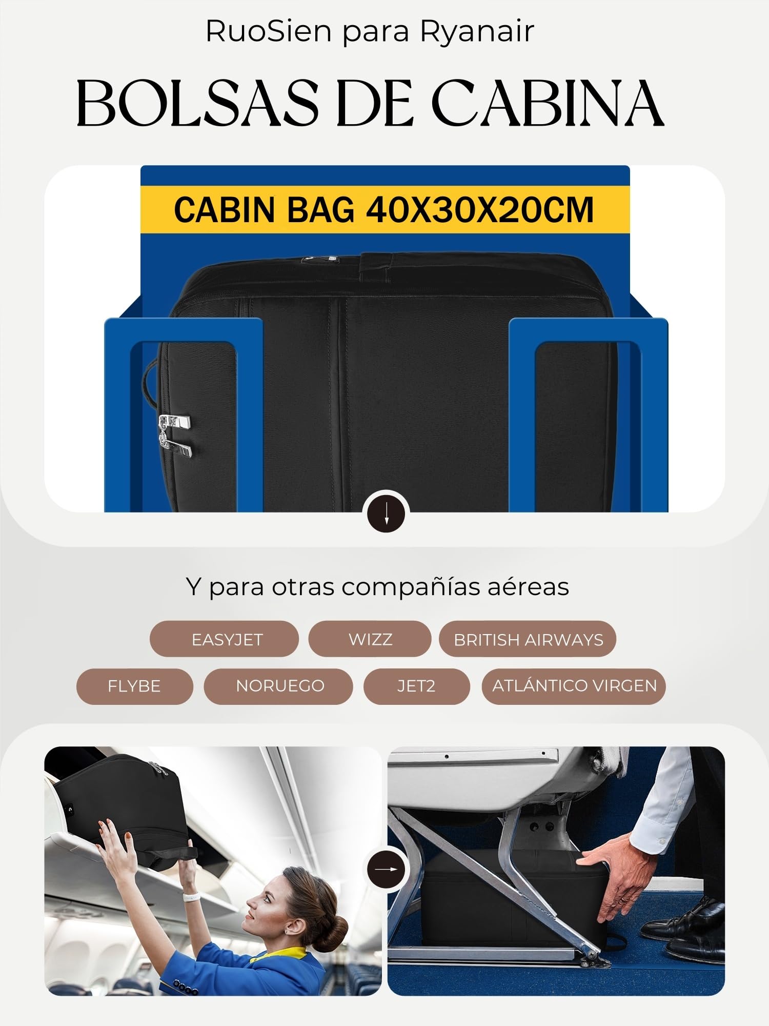 RuoSien Mochila 40x30x20 Mochila Viaje Cabina Avion 40x30x20 para Ryanair,Mochila Cabina Bolsa de Viaje con Orificio de Carga USB y Bolsillo Antirrobo