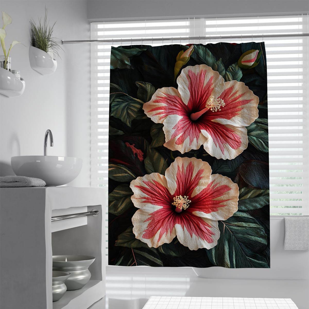 UIRINGART Chic Exotic Hibiscus Shower Curtain W120xL180cm Large Pink White Blossom Mildew Resistant Waterproof Bath Curtains Walk In Shower With Hooks
