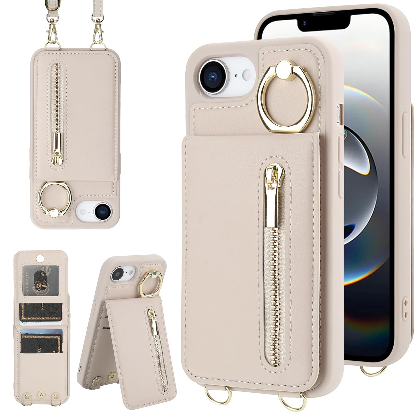 KYFSJPT Crossbody Wallet Case for iPhone 16E, with Card Slots Zipper Pocket Case, Flip Folio Purse RFID Blocking with Ring Kickstand Detachable