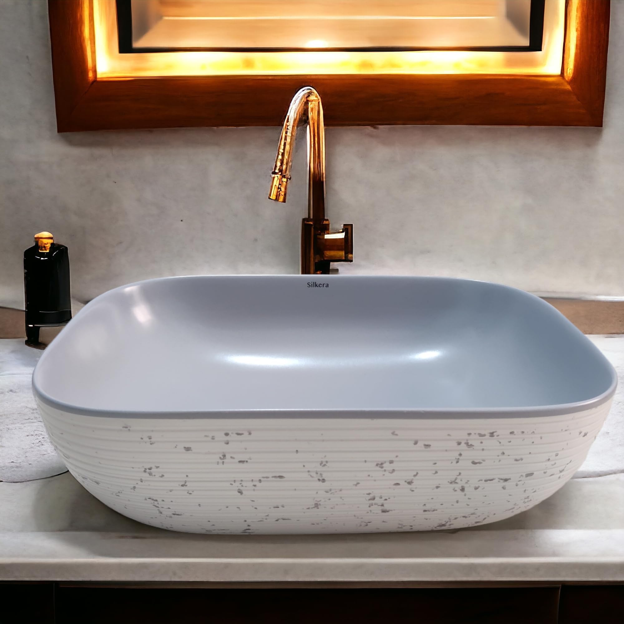 Silkera Ceramic Premium Ceramic Wash Basin/Hand Washbasin/Tabletop Washbasin/Tabletop Marble Finish Basin/Countertop Basin/Washbasin For Living Room/Bathroom Sink (GREY & WHITE)