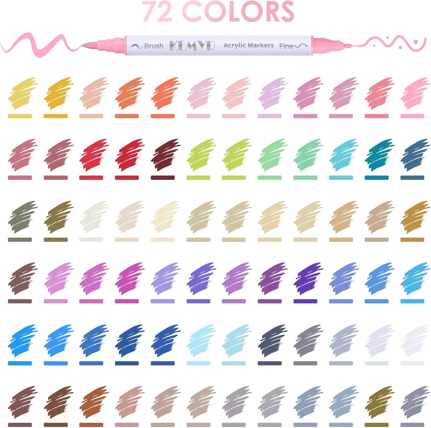KEMYR 72 Colors Brush & Fine Tip Acrylic Paint Pens, Dual Tip Acrylic Paint Markers for Paper, Wood, Canvas, Stone, Rock, Glass, Fabric, DIY, Ceramic, Art Supplies for Adults Drawing