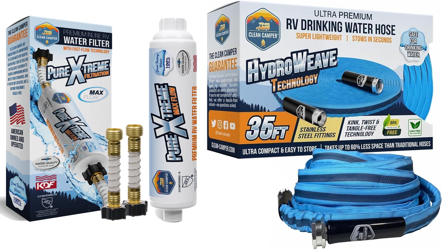 RV Drinking Water Hose & Water Filter Bundle by Clean Camper – 35 ft Kink-Free Hose, Kink-Less Design + Premium Water Filter – Safe, Fresh-Tasting Water for RV Camping – BPA-Free, Lead-Free