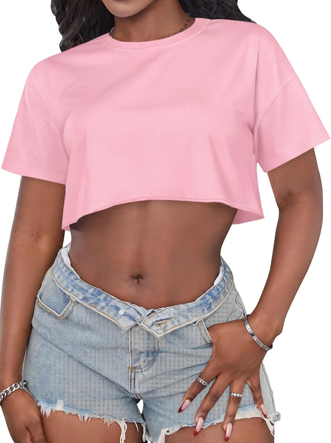 Crop Tops for Women Casual Short Sleeve T Shirts Summer Basic Top Crew Neck Oversized Cropped Tees