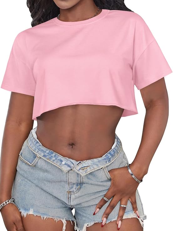 Crop Tops for Women Casual Short Sleeve T Shirts Summer Basic Top Crew Neck Oversized Cropped Tees 2026