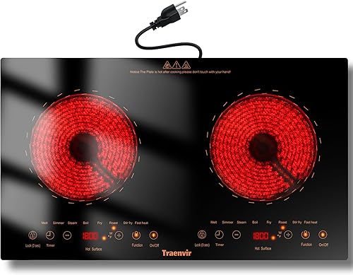 Estufa eléctrica de 2 quemadores, estufa eléctrica de dos quemadores de 24 pulgadas, encimera de 2000 W y placa de cerámica integrada para