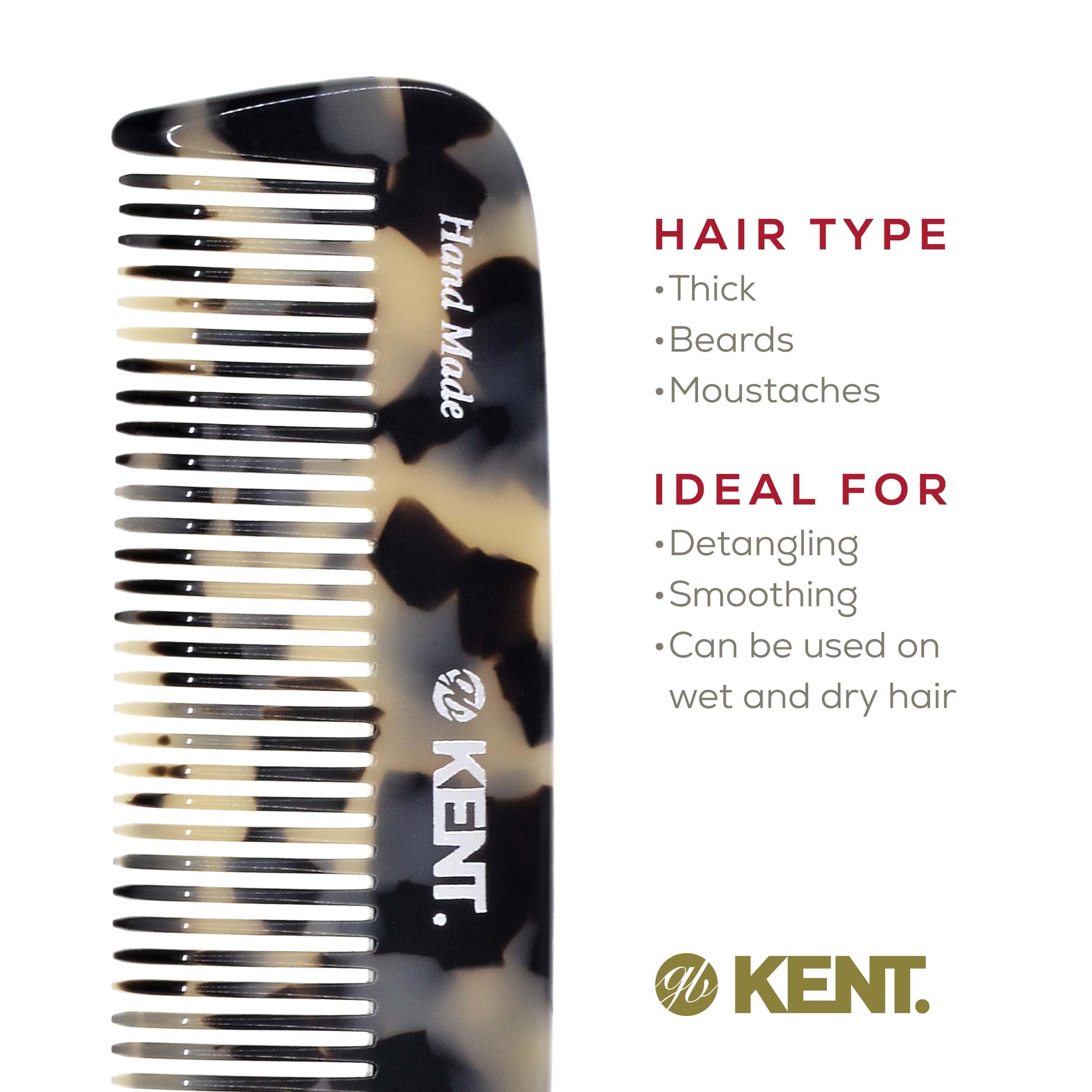 Kent 12T TW Pettine districante per capelli a denti larghi, pettine a denti larghi fatto a mano per capelli spessi, ricci e mossi, pettine districante per capelli grandi, pettine districante per