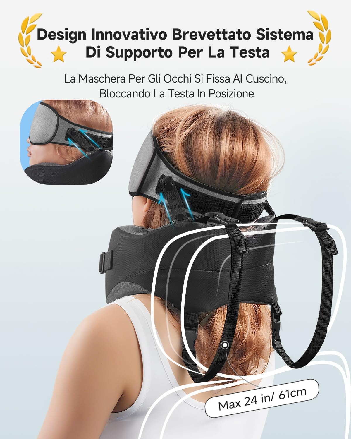 Umisleep Cuscino da Viaggio Memory Foam, Cuscino Cervicale per Aereo con Supporto 360°, con Maschera Occhi 3D, Cuscino da viaggio anticaduta testa per aereo, Ideale per Voli Lunghi, Grigio