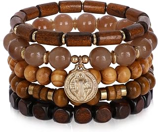 IDEAJOY Bohemian Stretch Beaded Bracelet Set - 5PCS Wood & Natural Stone Stackable Boho Bracelets for Women Men with Charm Tassel
