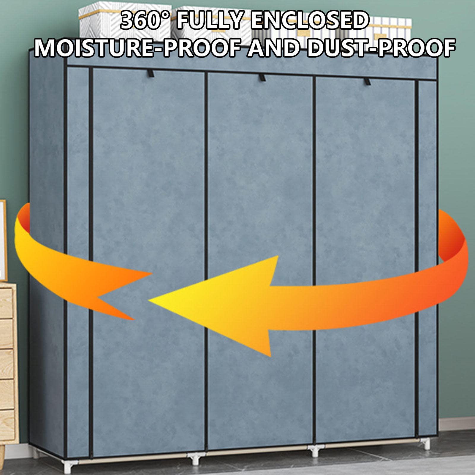Tragbarer Kleiderschrank aus Segeltuch, Stoff-Kleiderschrank, Aufbewahrungsorganisator mit Kleiderstange, Regalen, Seitentaschen, faltbarer Schrank für Schlafzimmer, Blau-125 x 45