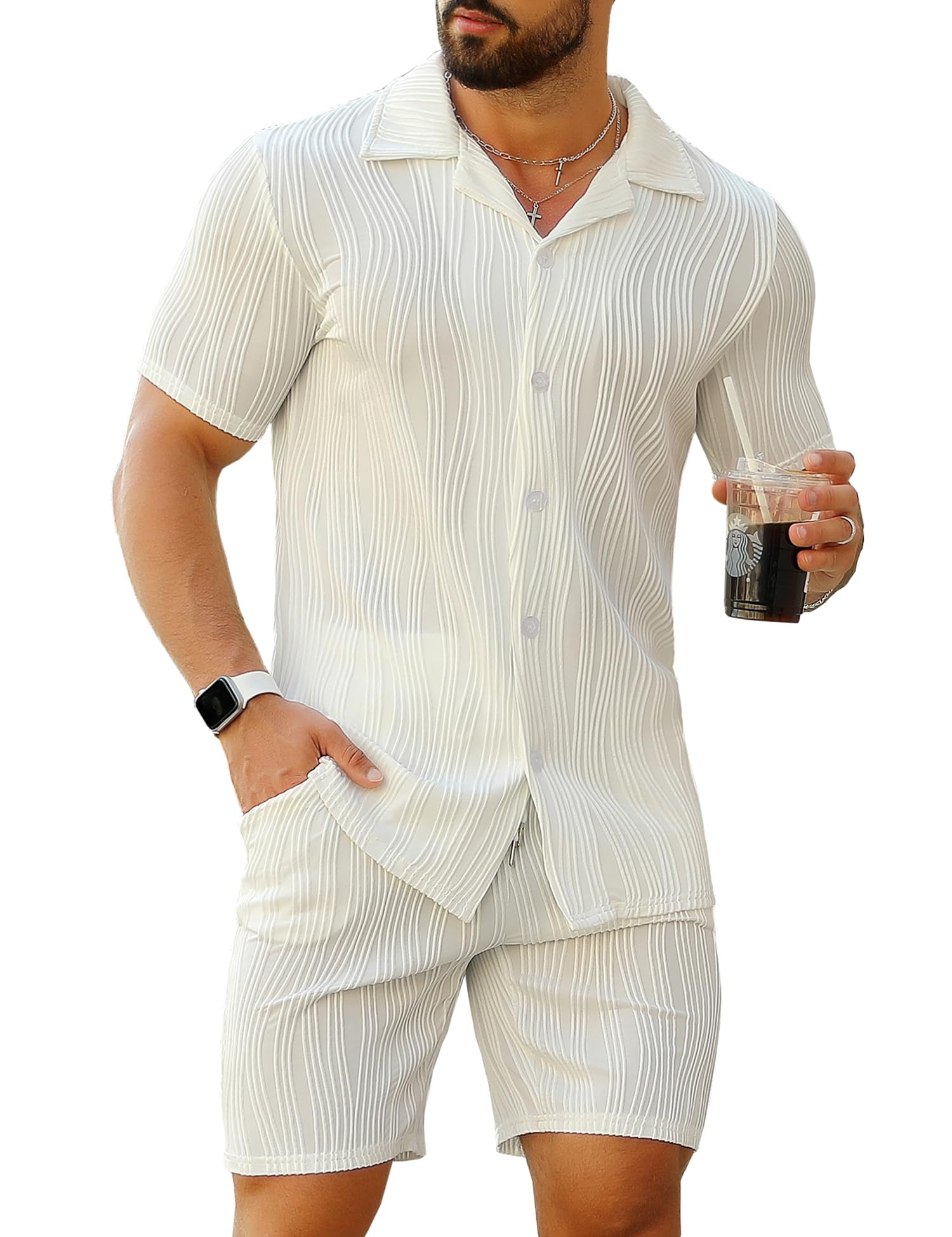 URRU Men's 2 Piece Outfits Short Sleeve Casual Button Down Shirt and Shorts Set