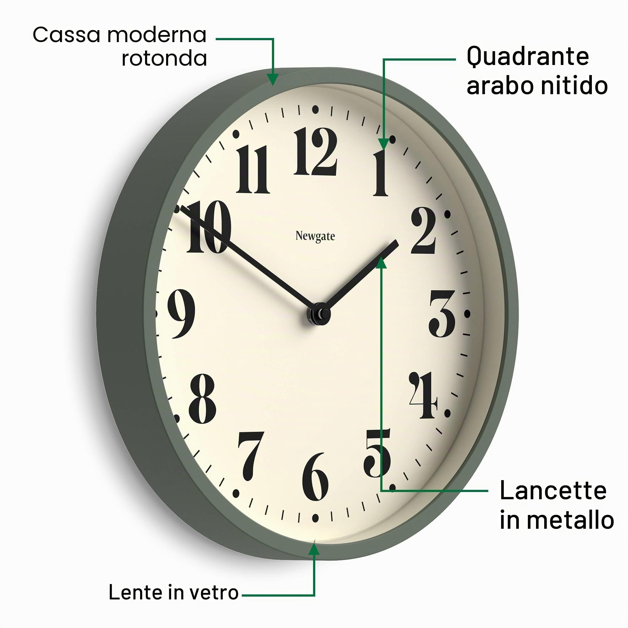 Newgate® Number Four Theatre Orologio a parete | Orologio a tondo moderno | 30cm | Verde di asparagi | Numeri decorativi | Ideale per cucina, soggiorno o ufficio