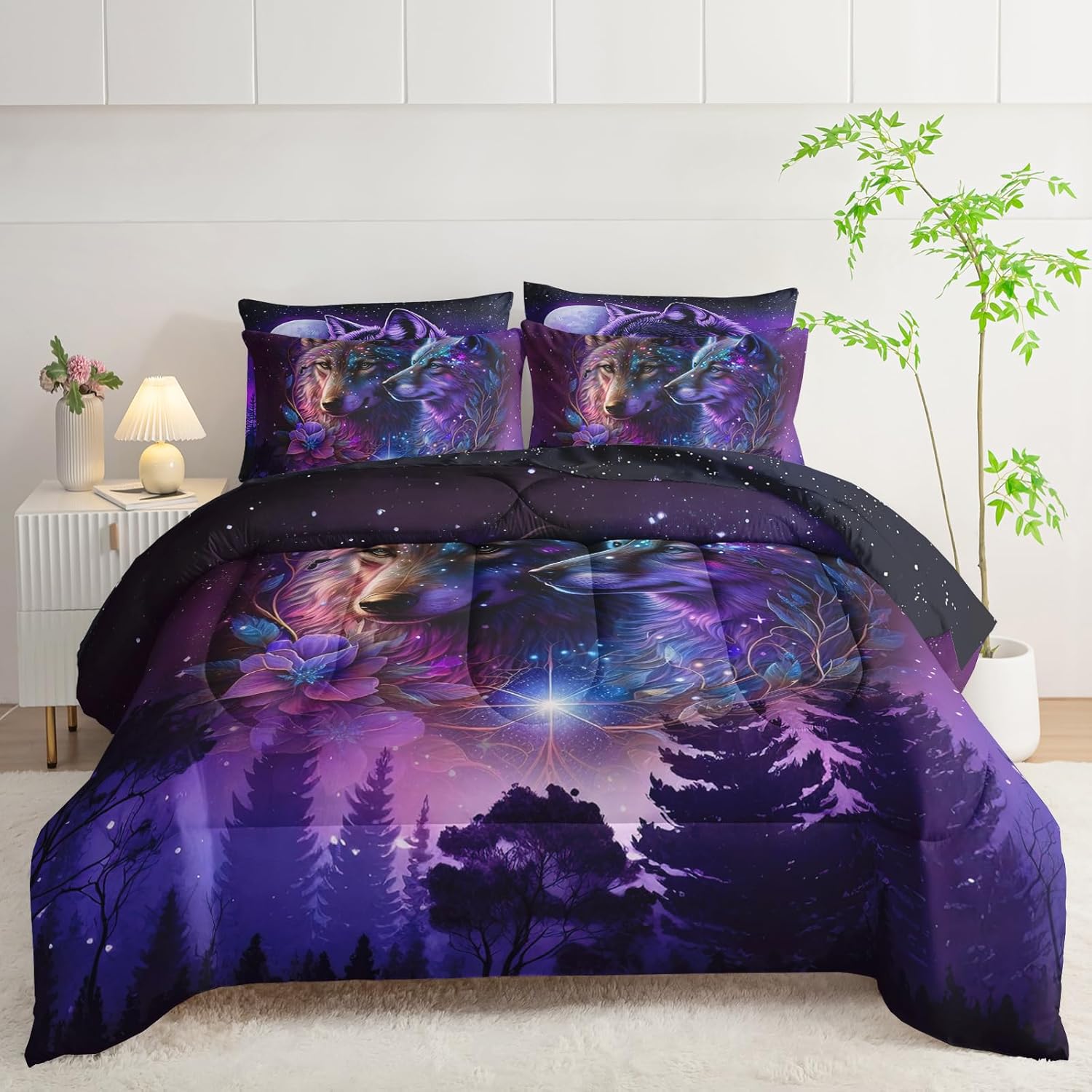 AILONEN Galaxy Wolf Comforter Set Queen Size,7-Piece Soft Bed in a Bag, Purple Starry Wolf Comforter & Fitted Sheet & Flat Sheet & 2 Pillowcases,2 Pillow Shams
