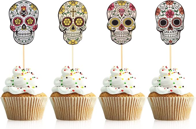 48 Pieces Day of the Dead Sugar Skull Cupcake Toppers Dia De Los Muertos Cake Picks for Halloween Party Table Decorations