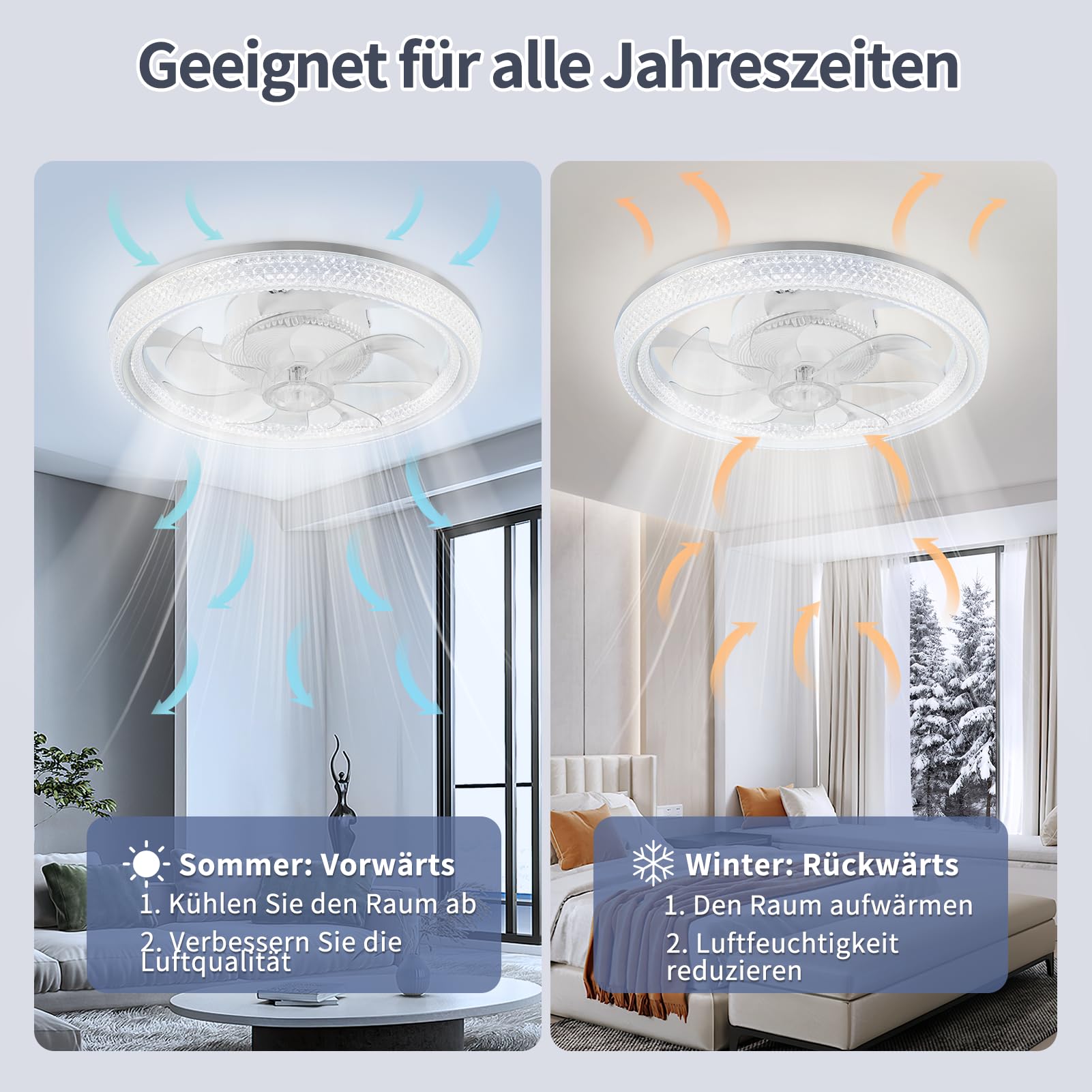 Viugreum LED Smart Deckenventilatoren mit Licht, 48cm moderne Deckenventilatorleuchten mit Fernbedienung, umkehrbarer dimmbares Deckenventilator mit Beleuchtung und Timer für Wohnzimmer, Schlafzimmer