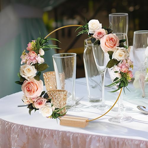 Miniatura 2 de 15 piezas de 12 pulgadas de metal con corona de aro floral para decoración de mesa con 15 soportes para tarjetas de lugar, anillos de aro dorados