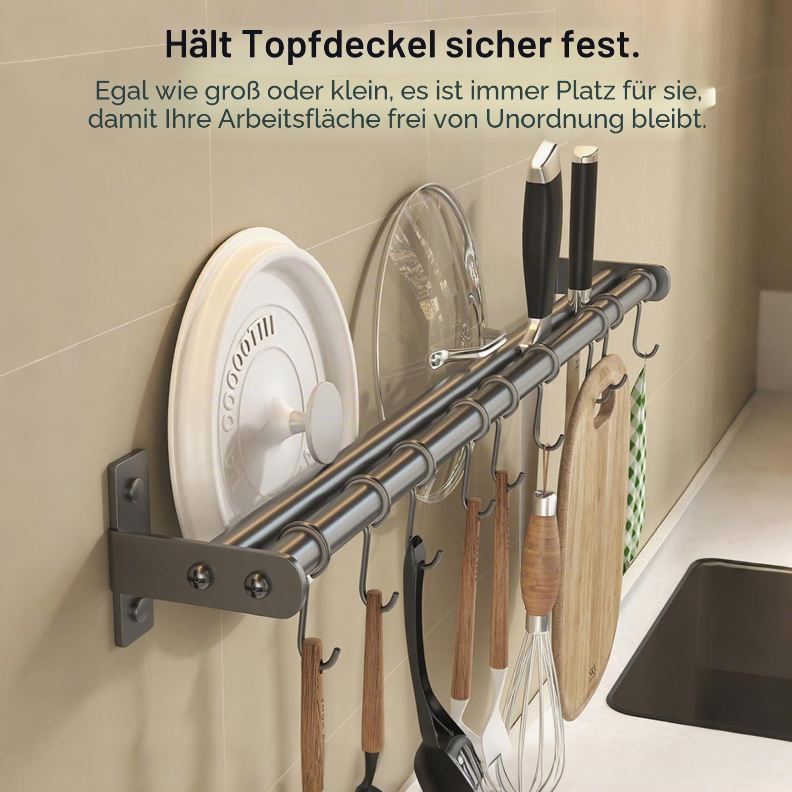 Küchenleiste mit Haken und Messerschlitz – Wandmontierter Edelstahl-Utensilienhalter, kompakte platzsparende Aufbewahrung für Messer und Küchenutensilien