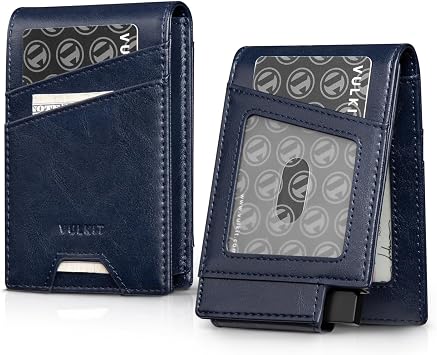 VULKIT Mens Card Wallet RFID Blocking with Double Window Slots, Blue | Leather Flip Pop-Up Credit Card Ejector Wallet