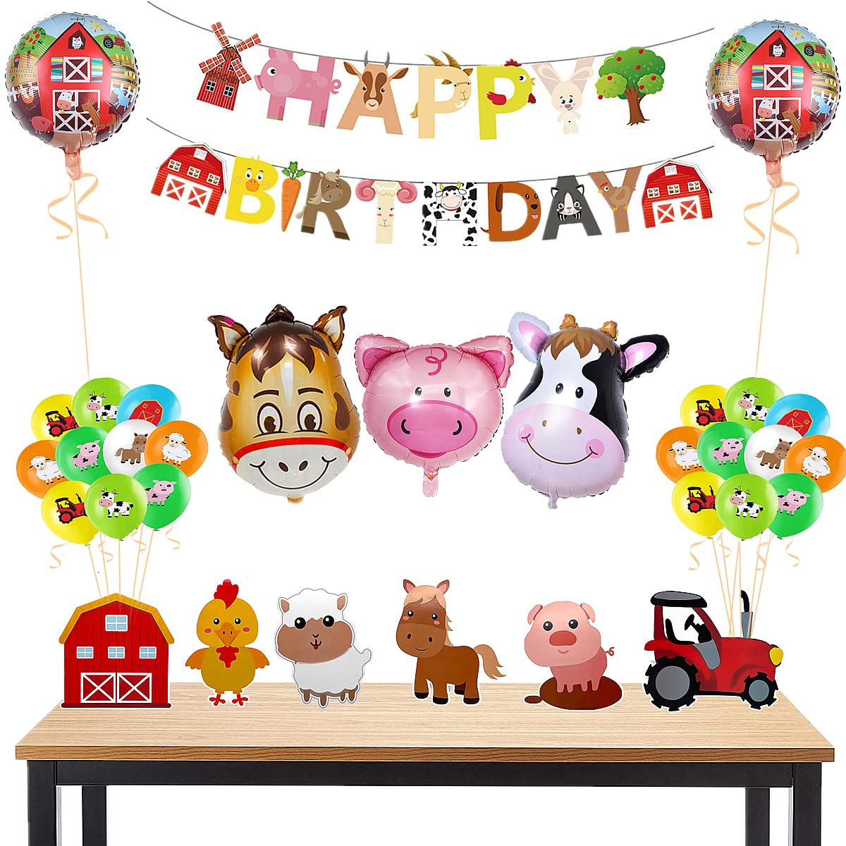 36 Pcs Farm Themed Party Supplies - Animals Centerpieces, Birthday Banner, Foil Latex Balloons, Indoor and Outdoor 3D Table Decoration