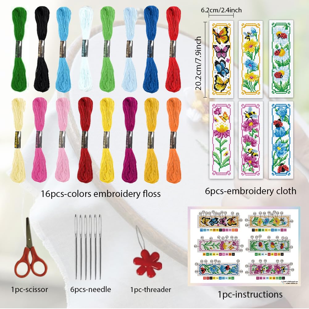 ORIGACH 6 Pcs Cross Stitch Bookmark Kit for Beginner Adults Flowers and Butterflies Stamped Embroidery Bookmark Kit with Instruction for Starters Printed Cross Stitch DIY Kits for Book Lovers - Image 2