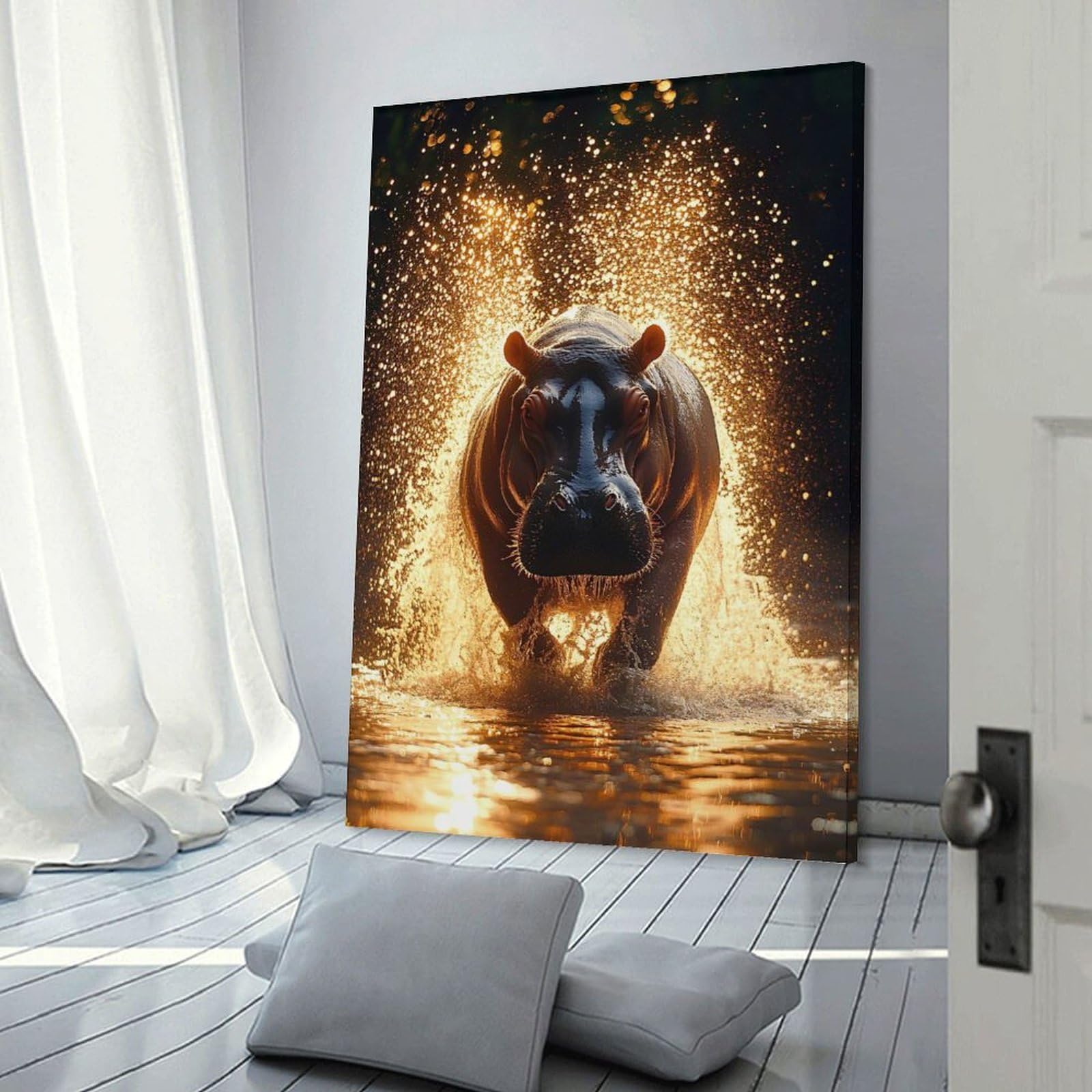 Junmoney Canvas Wall Decor Hippopotamus Emerging from Water with Splashes, 20x30inch(50x75cm), for Flats, Guest Rooms Or Compact Rooms, Wall Decor with Flexible Room Appeal