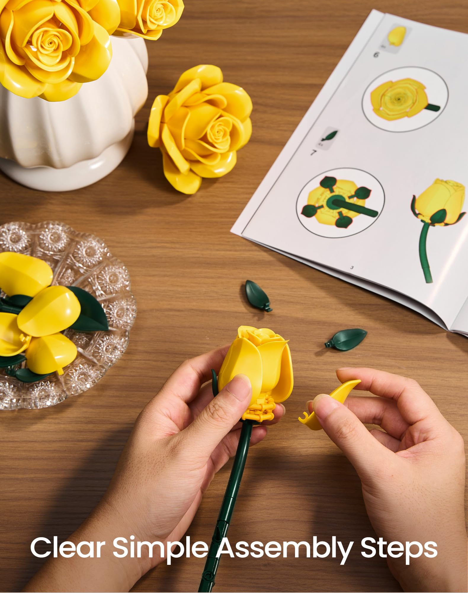 iATOM Burgundy Red Rose Bouquet Building Set, 12Pcs Flower Botanical Collection Kit for Adult, for Her/Girlfriend/Mom/Wife/Couple, Vintage Home Office Table Centerpiece Decor: Yellow Rose Bouquet