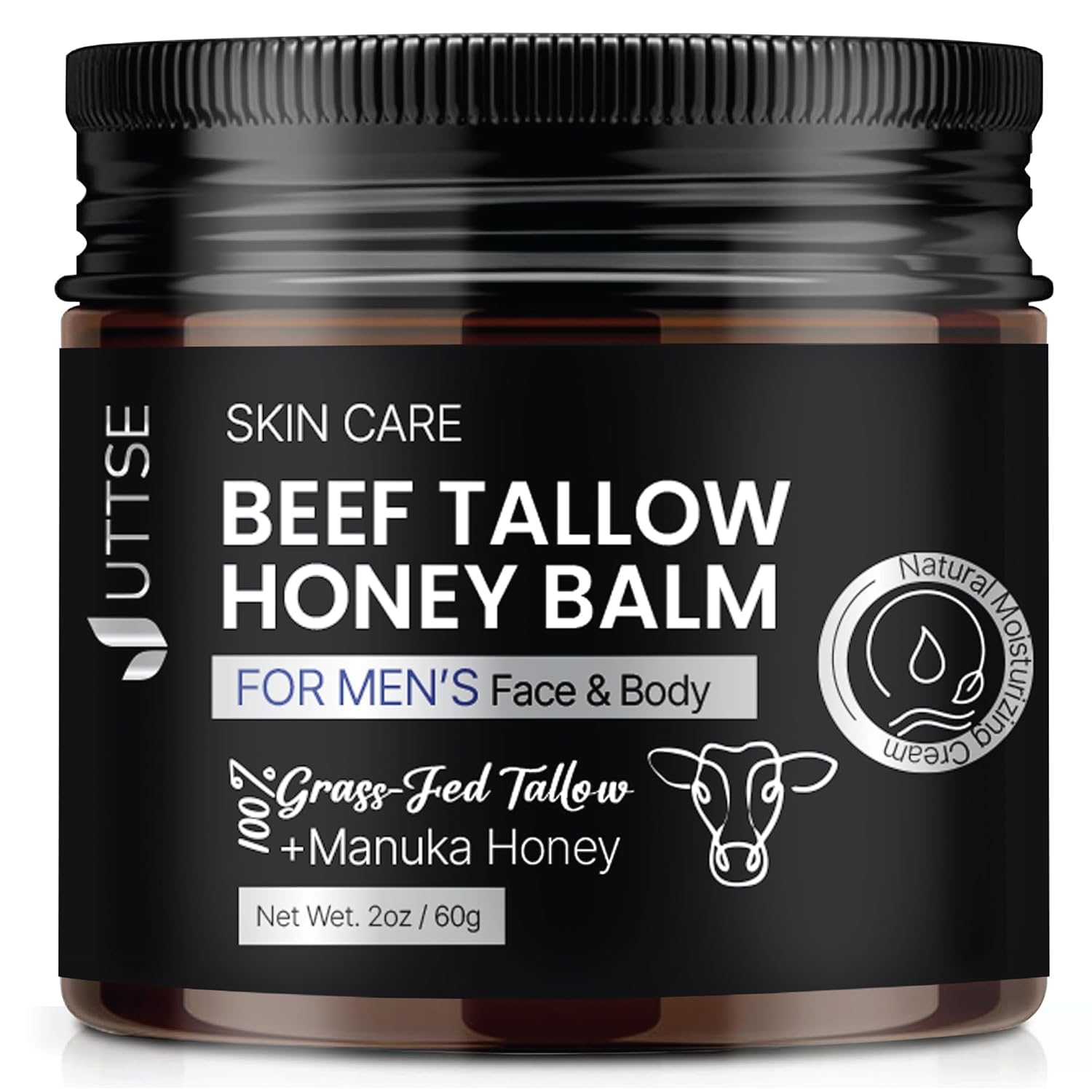 Uttse Men's Beef Tallow for Skin Care:100% Grass-Fed Beef Tallow Face Moisturizer For Men - Tallow and Honey Balm With Olive Oil Manuka Honey For Sensitive Dry Skin Repair 2 oz