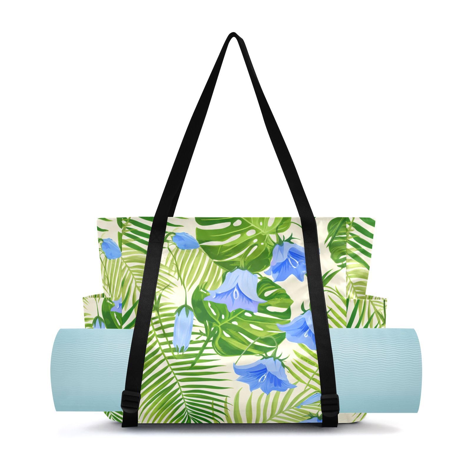 Lxqimora Leaves Bluebells Natural Beige Yoga Mat Bag for Women Water-Resistant Gym Bag with Yoga Mat Holder Tote Bag for Gym Pilates Travel Yoga