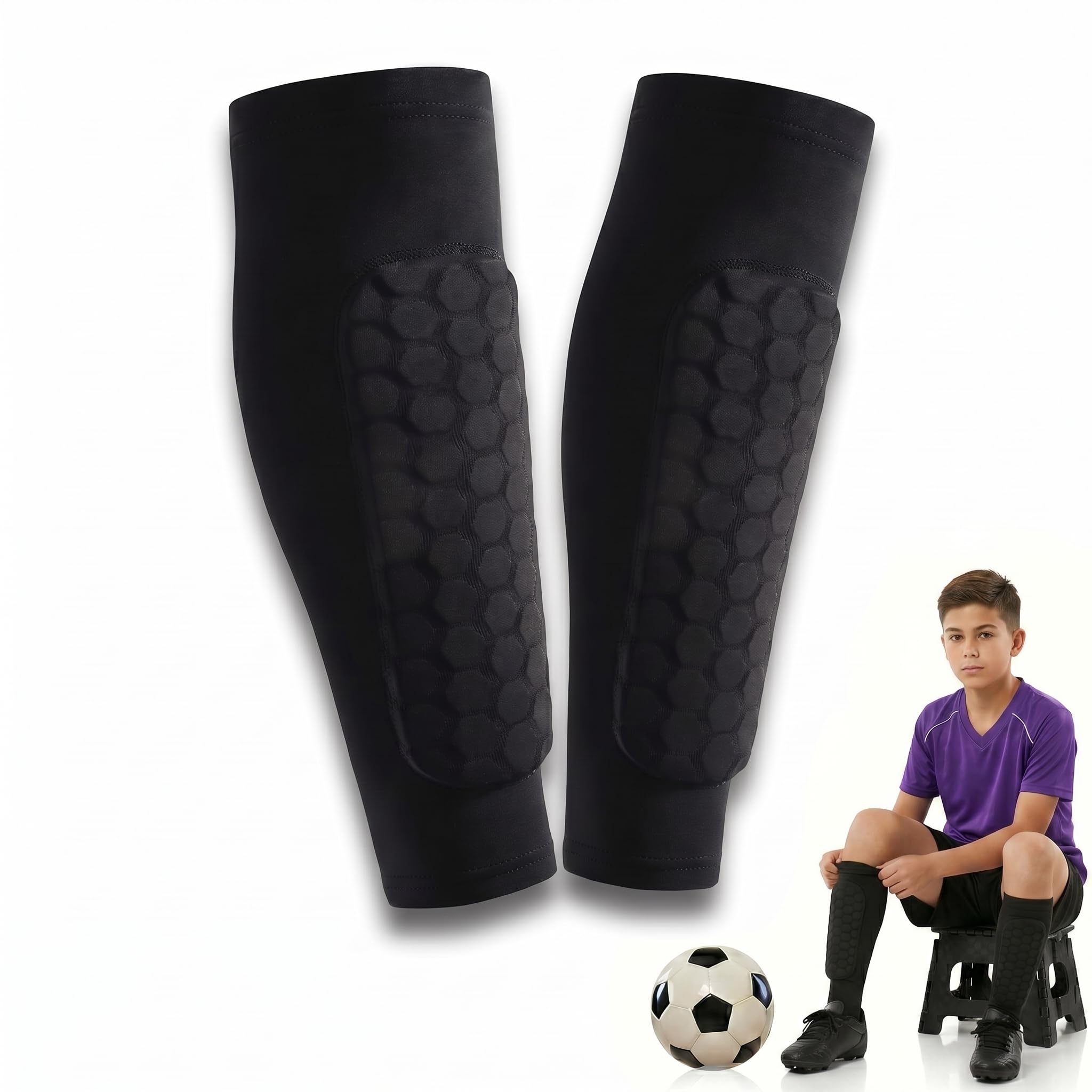 Protège-Tibias de Football pour Enfants, Adolescents et Adultes, protège-Tibias pour Ski, Compression avec Rembourrage en nid d'abeille, Protection légère
