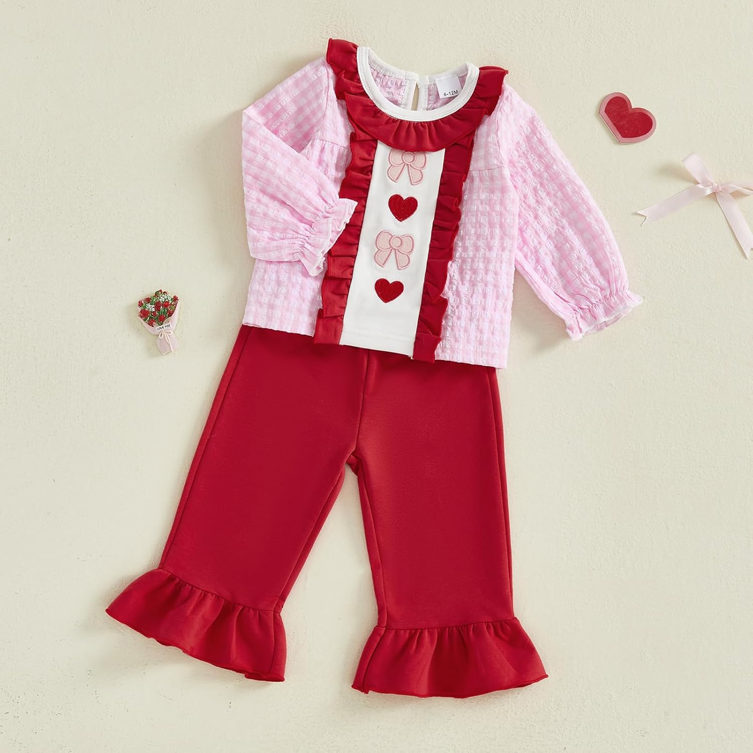VISGOGO Toddler Girl Valentines Day Outfit Love Heart Embroidery Sweatshirt Shirt Pants Plaid Bow Heart Clothes - Image 4