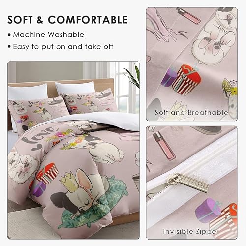 Miniatura 5 de Juego de funda de edredón, lindo juego de ropa de cama de perro francés de bulldog para niños y adultos, decoración de dormitorio de animales de