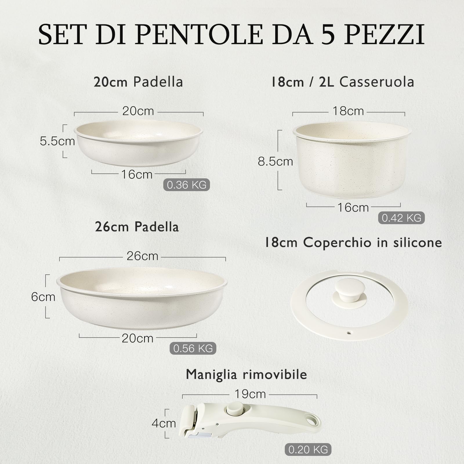 GiPP Set di Pentole e Padelle Ceramiche Antiaderenti 5 Pezzi con Manico Amovibile - Cucina Sana per Camper, Senza Tossine, Compatibile Induzione Forno Lavastoviglie