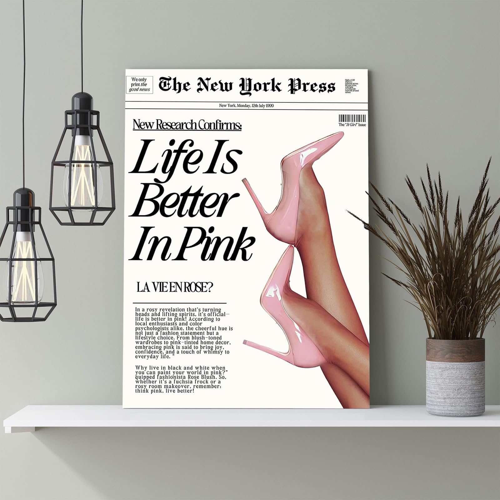 Life Is Better In Pink Newspaper Wall Art - Preppy 70s New York Press Poster, Trendy Girly Room Decor, 12x16in Unframed