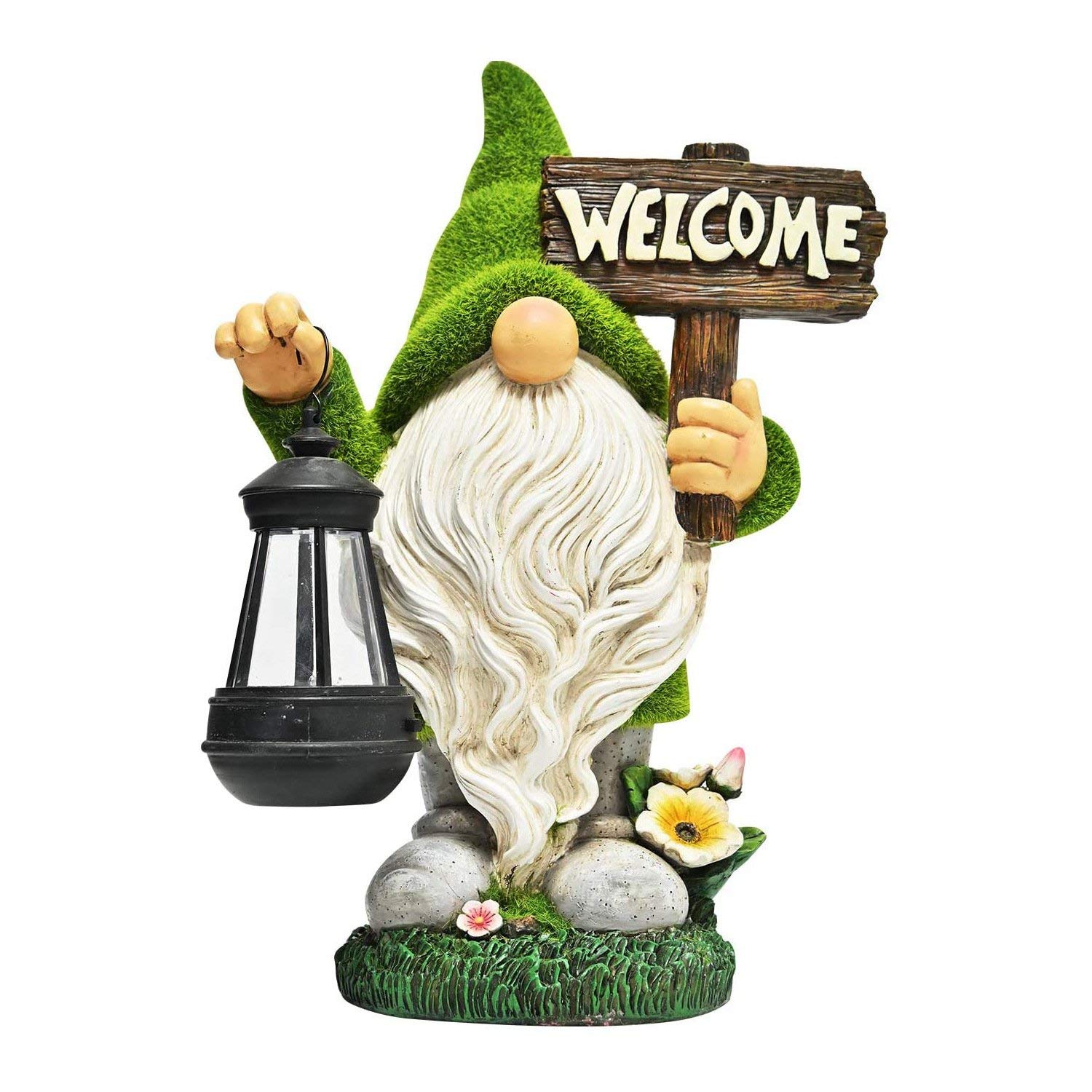 Gnomo Floccato Statue da Giardino Solare Decorazioni per Esterni Gnomo Floccato con Statuetta A Lanterna Solare Nani Ornamenti da Giardino Jardim