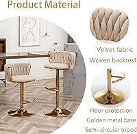 Vista 4 de Velvet Bar Stools Set of 2, Counter Height Bar Chairs with Low Back, Gold Swivel Bar Stools for Kitchen Island, Bar Pub (Beige)