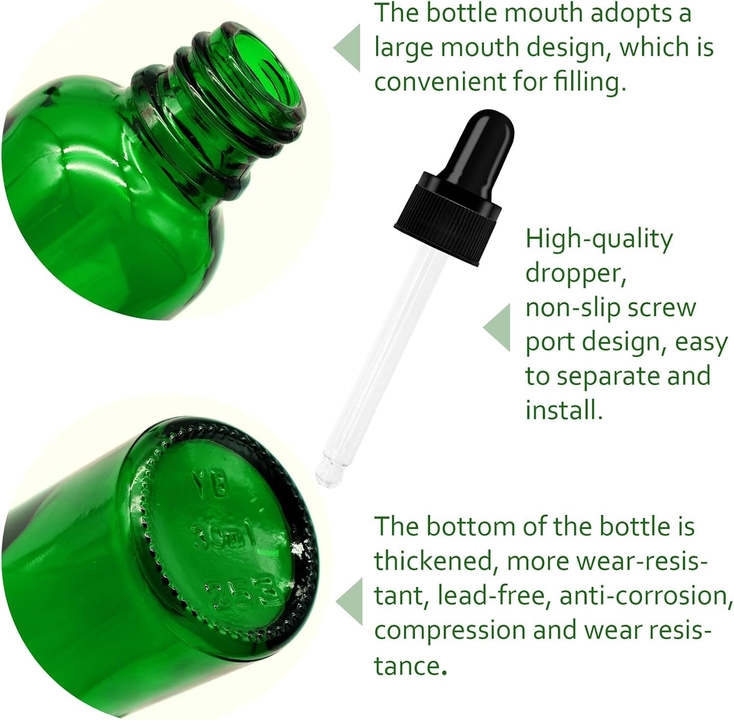 AMJKEJI Butelki z pipetą 30 ml, butelka z lejkiem do pipety, butelka perfum z zakraplaczem, szklany zakraplacz do olejków eterycznych, perfum, aromaterapia, zielone, 12 sztuk