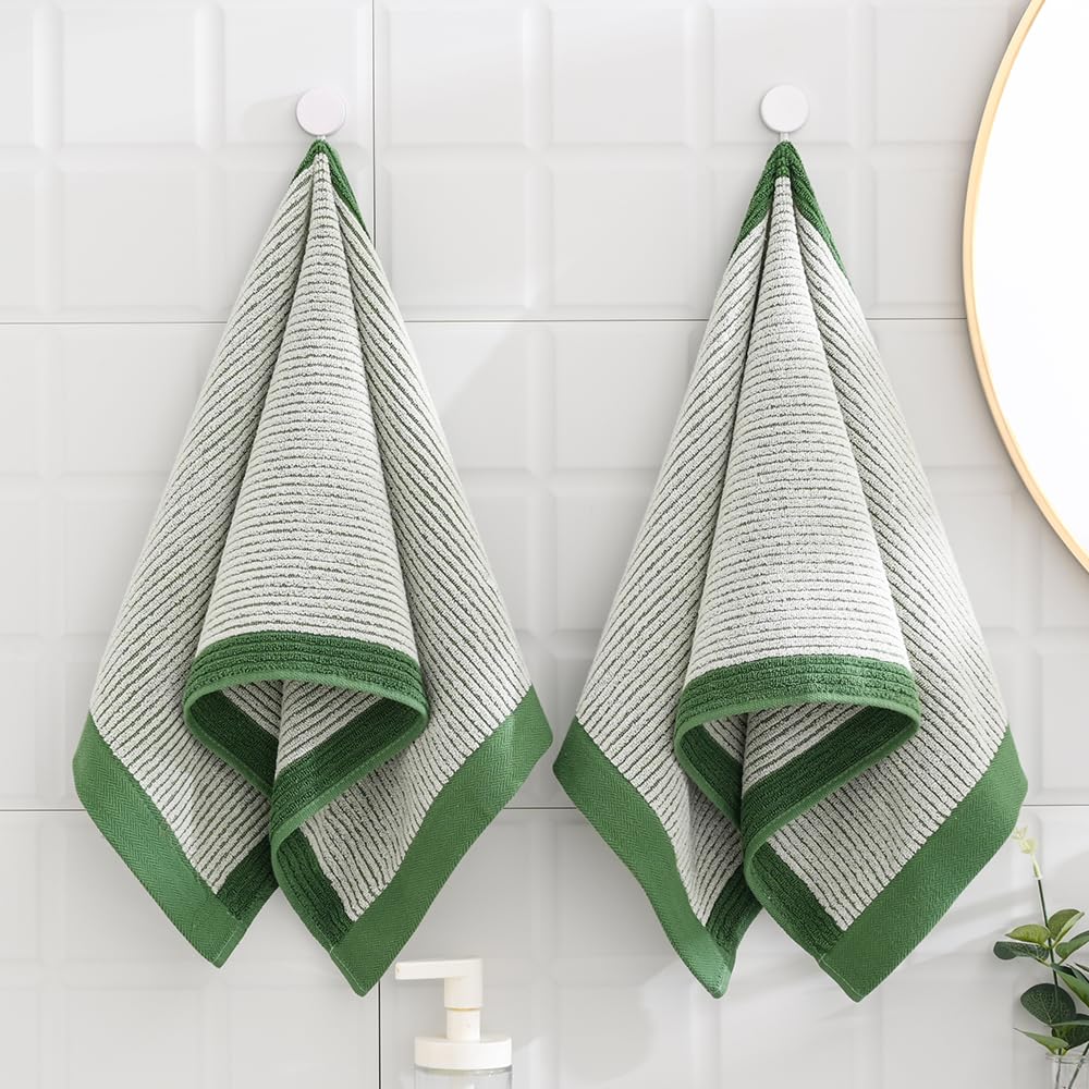 sense gnosis Hand Towels Set of 2 100% Cotton Absorbent Beige Ribbed Striped Green Border Decorative Bath Hand Towels for Bathroom Gym Camping - Image 3