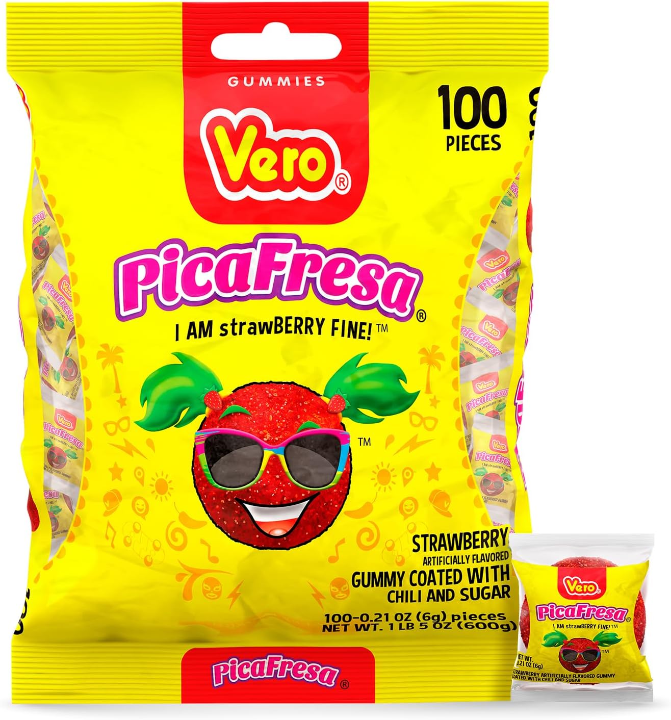 Vero Picafresa - Strawberry Flavored Chewy Gummy Candy Treats - 100 Piece (Pack of 4) - (1 Lb, 5.15 Ounces Each) - Individually Wrapped Mexican Candy Perfect for Piñatas, Halloween, and More