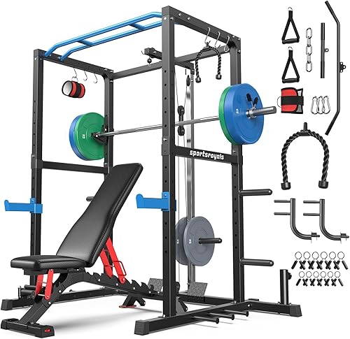 Miniatura 13 de Sportsroyals Jaula de Potencia, Rack de Potencia Multifuncional de 1600 libras con Sistema de Cruce de Cable Ajustable y Más Accesorios de Negro