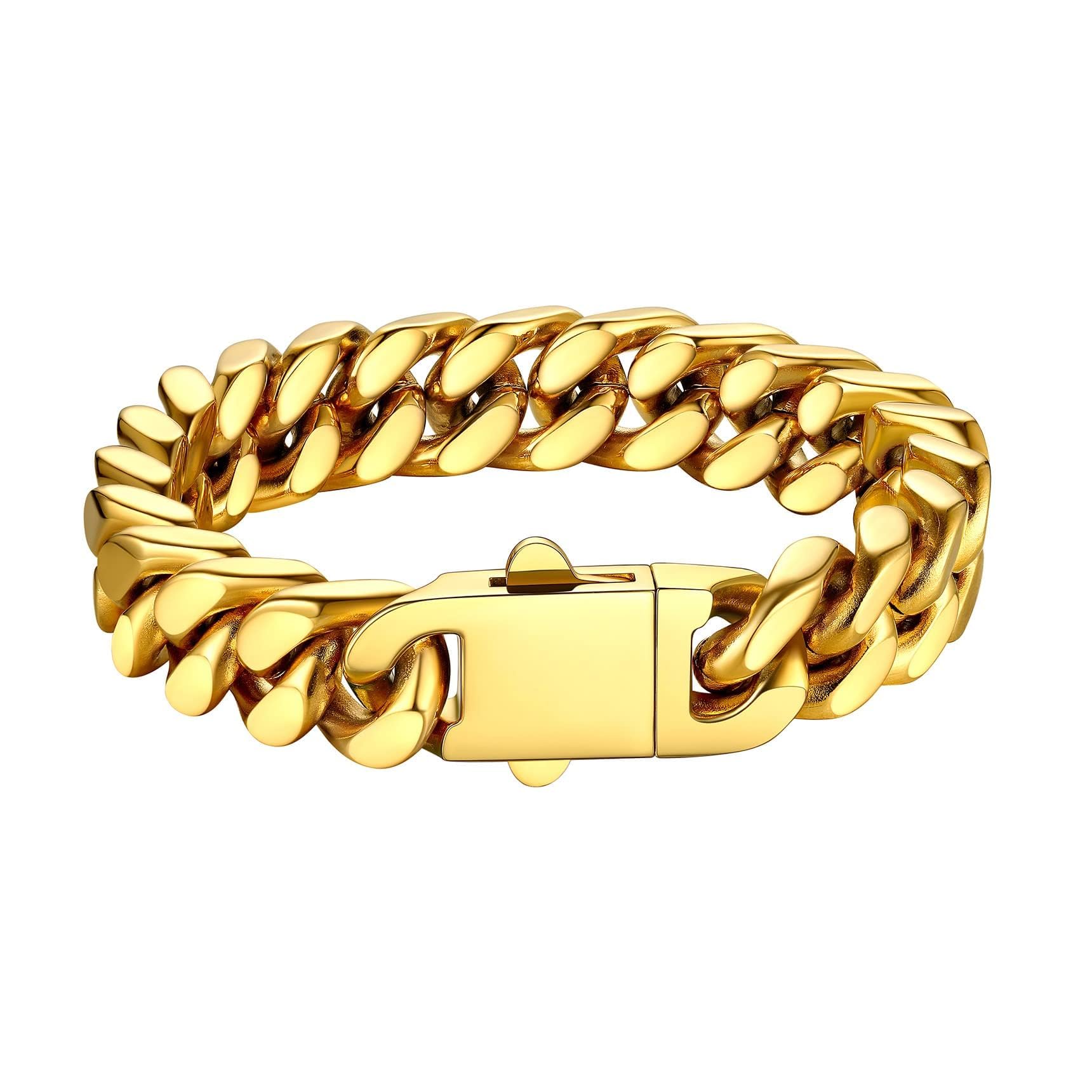 Bestyle Thick Mens Cuban Link Chain Bracelets, Durable Real 18K Gold/Black Metal Plated Solid Stainless Steel Hand Chain Cuban Bracelets for Men, Silver Black Gold Bracelets for Father Husband