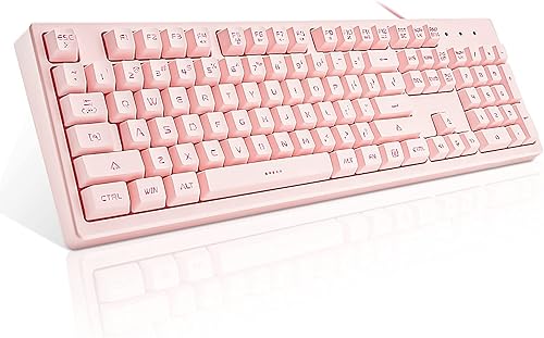 Basaltech Teclado rosa con retroiluminación LED de 7 colores, 104 teclas silenciosas y silenciosas, teclado para juegos barato de 19 teclas