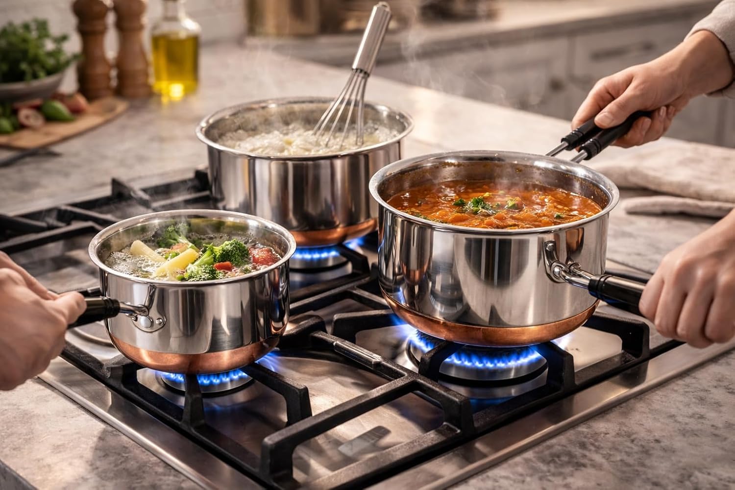 Cookware Set - Sauce Pan Small, Medium, Large. - Copper Bottom - Stainless Steel - Multipurpose Sauce Pan with Handle- 3 Pcs. Set. Heavy Gauge