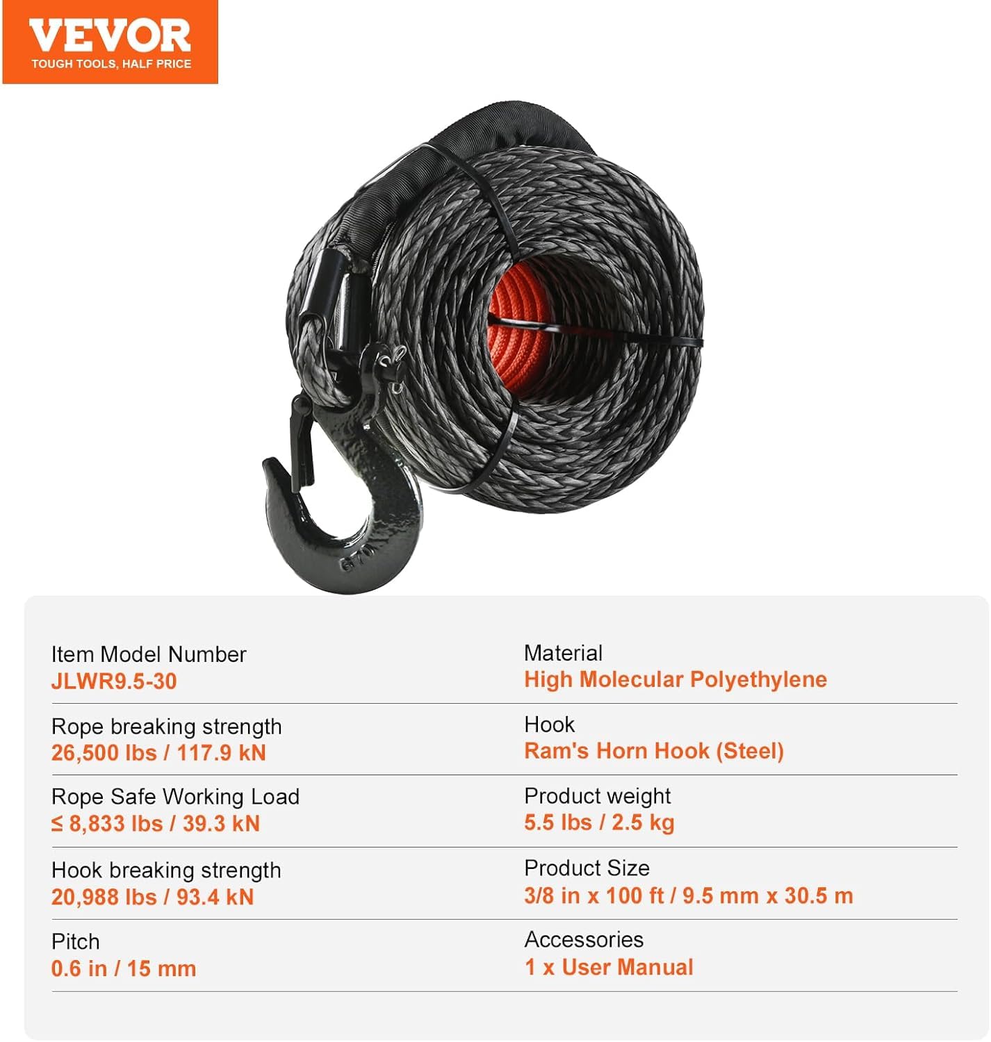 VEVOR Linka wyciągarki 9,5 mm x 30,5 m Kabel syntetyczny o wytrzymałości 117,9 kN z tuleją ochronną, hakem wyciągarki, pasem trakcyjnym do SUV-ów i dużych pojazdów terenowych