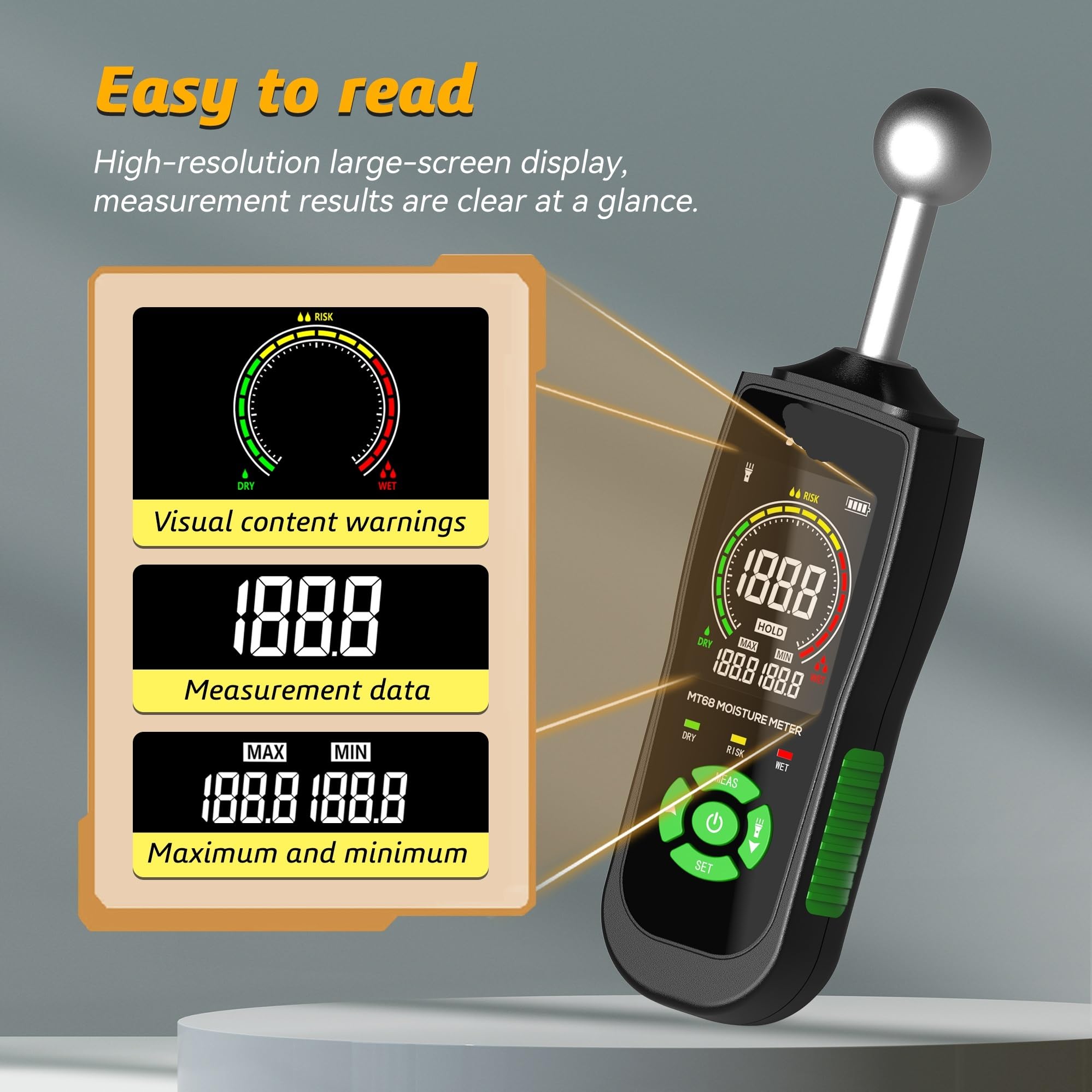 Luftqualitätsmonitor, MT68 Digitales Holzfeuchtemessgerät, berührungsloser Holzfeuchtigkeitsdetektor, LCD-Bildschirm, Hygrometer-Alarm
