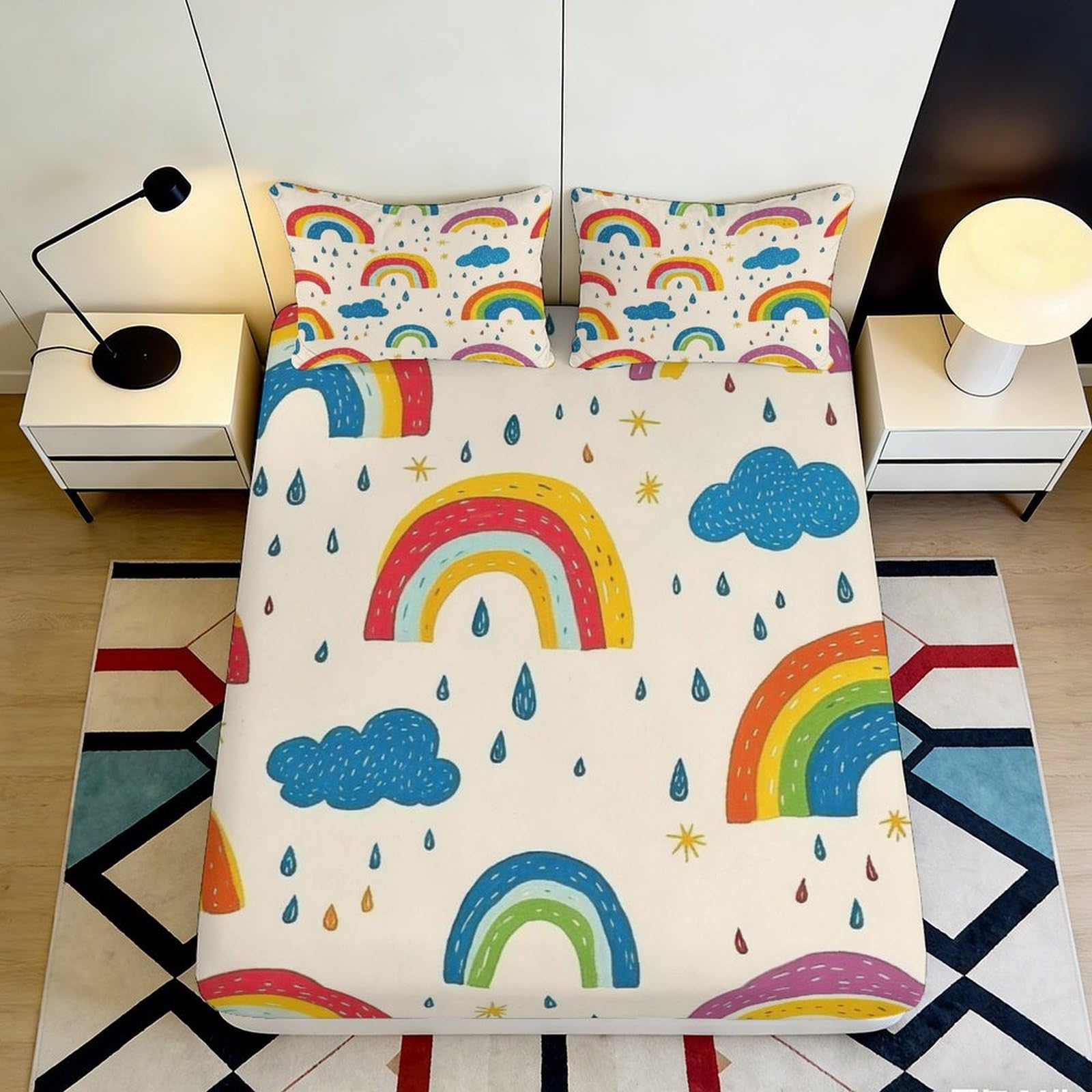 3D Printed Rainbow Pattern Fitted Sheet Microfiber Soft Durable Cloud Design Bed Cover for Bedroom Dormitory Guest Room Mattress Protection 140x200x25cm