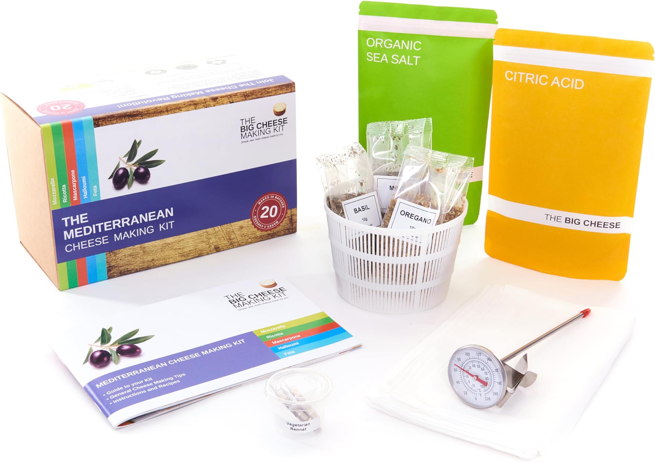 The Mediterranean Cheese Making Kit - Make 5 Easy Vegetarian and Gluten-Free Mascarpone and Mozzarella cheeses and more including Rennet for Cheese Making - Big Cheese Gifts for Men and Women