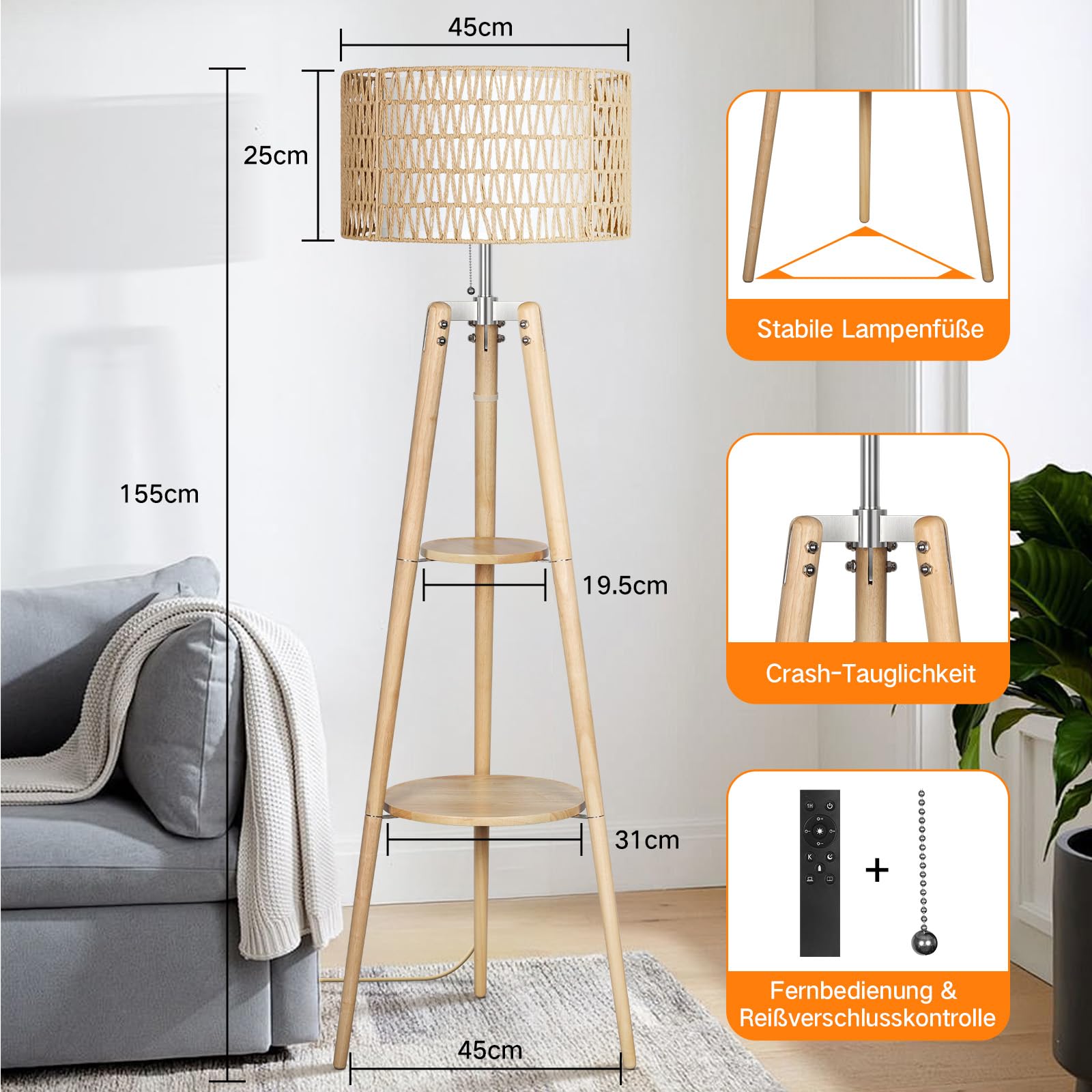 OUTON LED Stehlampe Dimmbar Dreibein Holz mit Regal,Fernbedienung,4 Farbtemperatur,1 Stunde Timerfunktion,Stativ Stehleuchte mit zwei Lampenschirmen,geeignet für Wohnzimmer, Schlafzimmer(Holzfarbe)